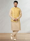 Yellow Colour Latest Party Wear Jacquard Banarasi Silk Digital Print Kurta Pajama With Jacket Mens Collection 1043